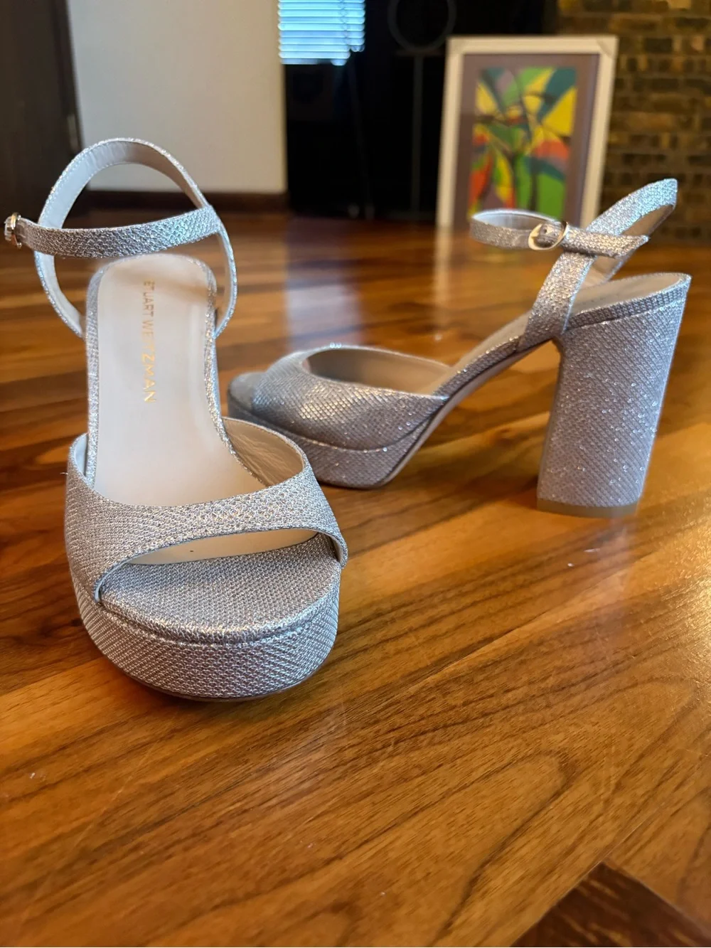 Stuart Weitzman Glittery Gold Dayna II Platform Sandals with Ankle Strap, NEW